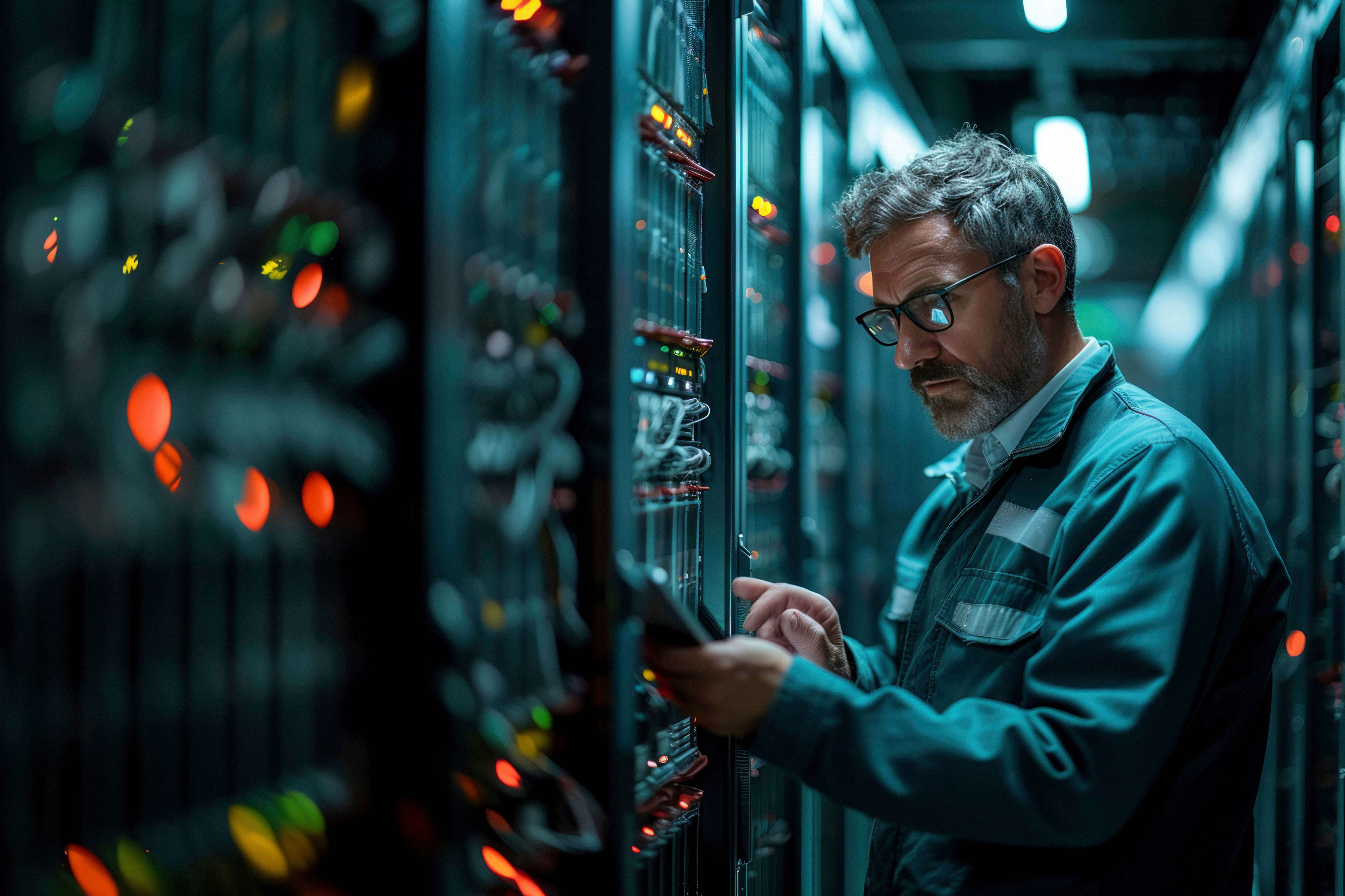 A technician in a data center, wearing glasses and a work jacket, examines servers and equipment, surrounded by blinking lights and cables in a dimly lit environment.