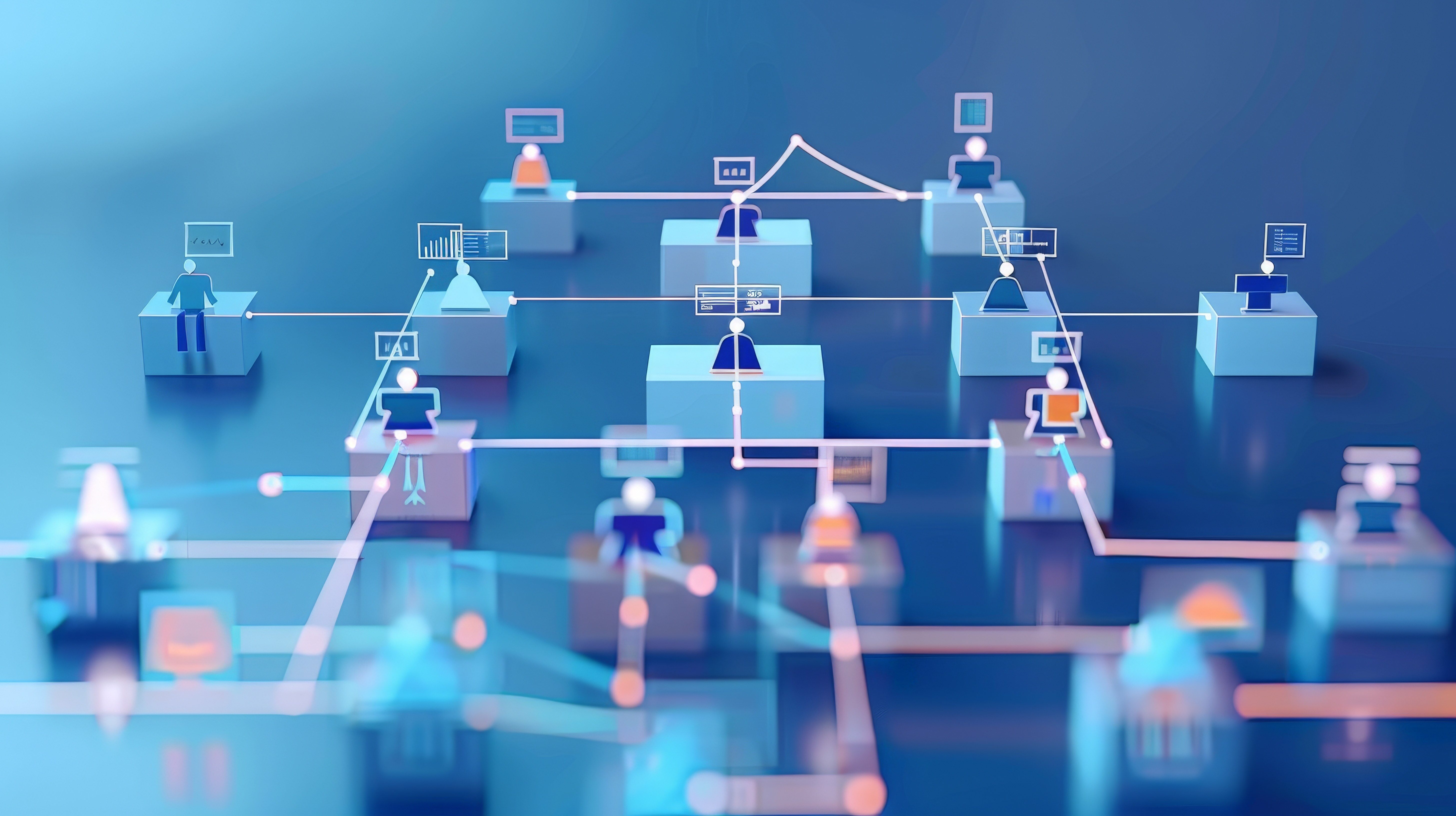 Illustration depicting a complex network of interconnected individuals, each represented by minimalist figures at desks, connected by digital lines symbolizing data exchange and communication. The scene is set in a modern, digital environment with a blue color palette, highlighting various activities and interactions involving computer screens and data interfaces.