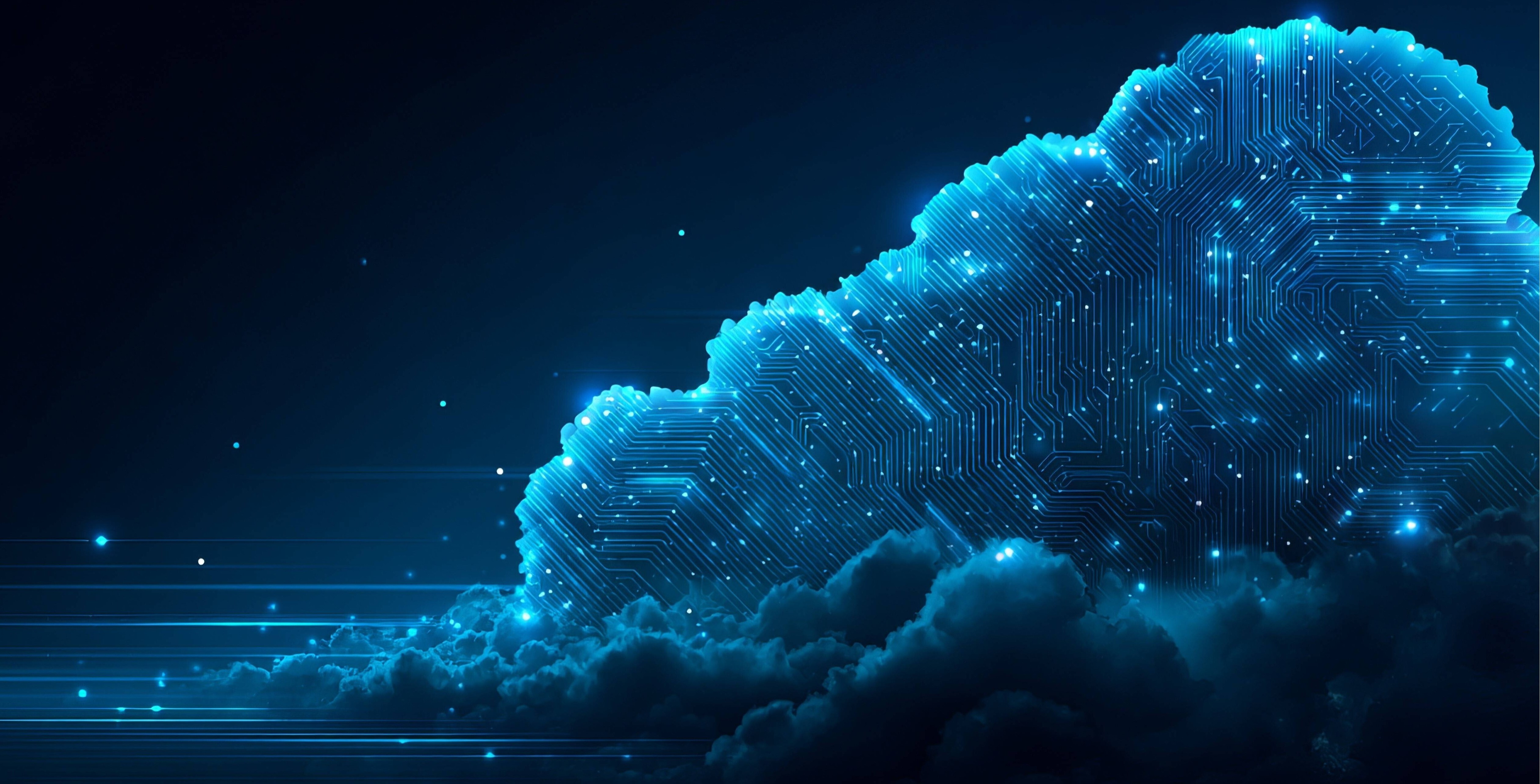 Abstract cloud computing concept with glowing circuit board design for innovative technology projects and digital transformation solutions