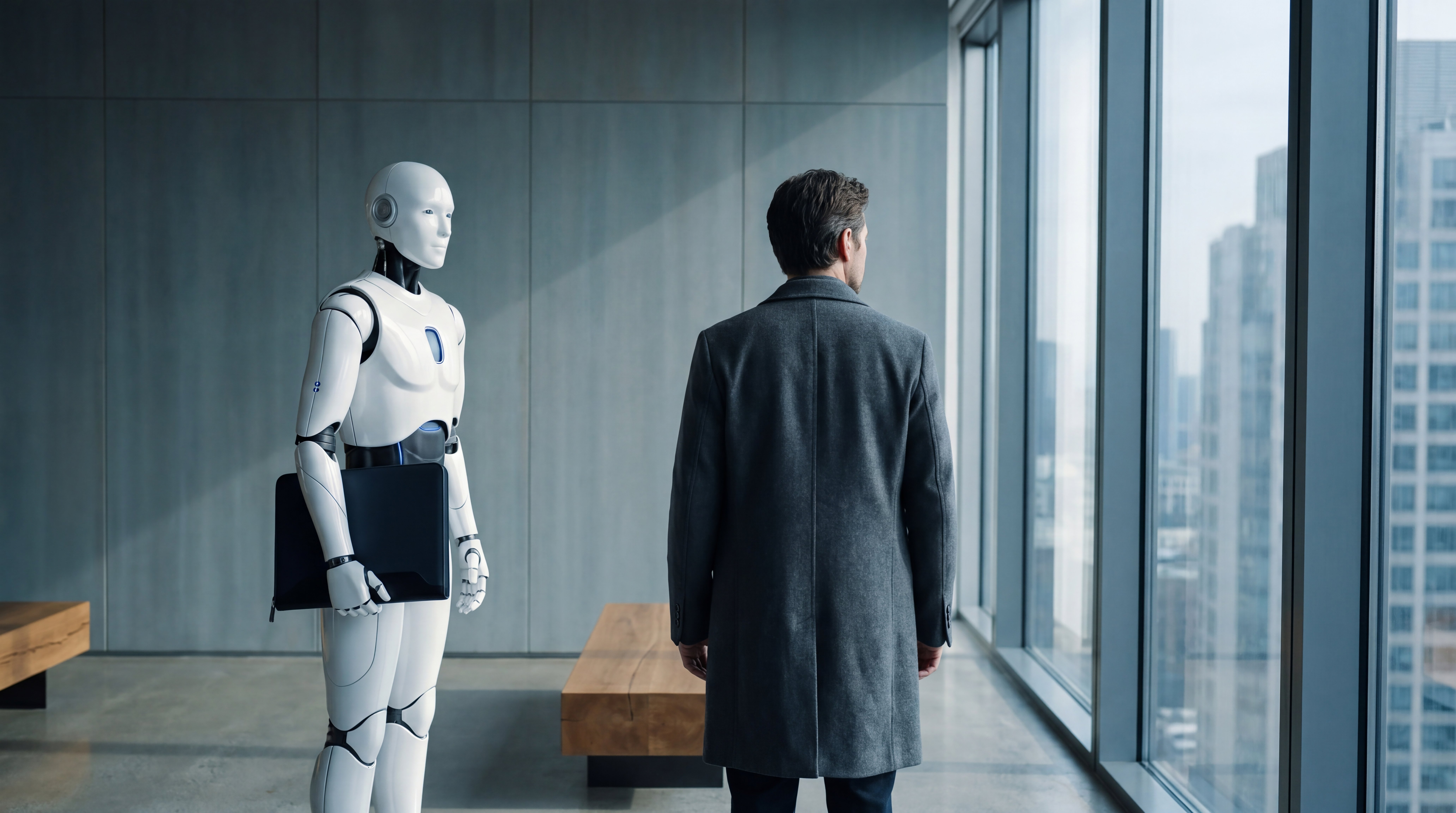 Humanoid robot and businessman looking out a large office window at a modern city skyline.