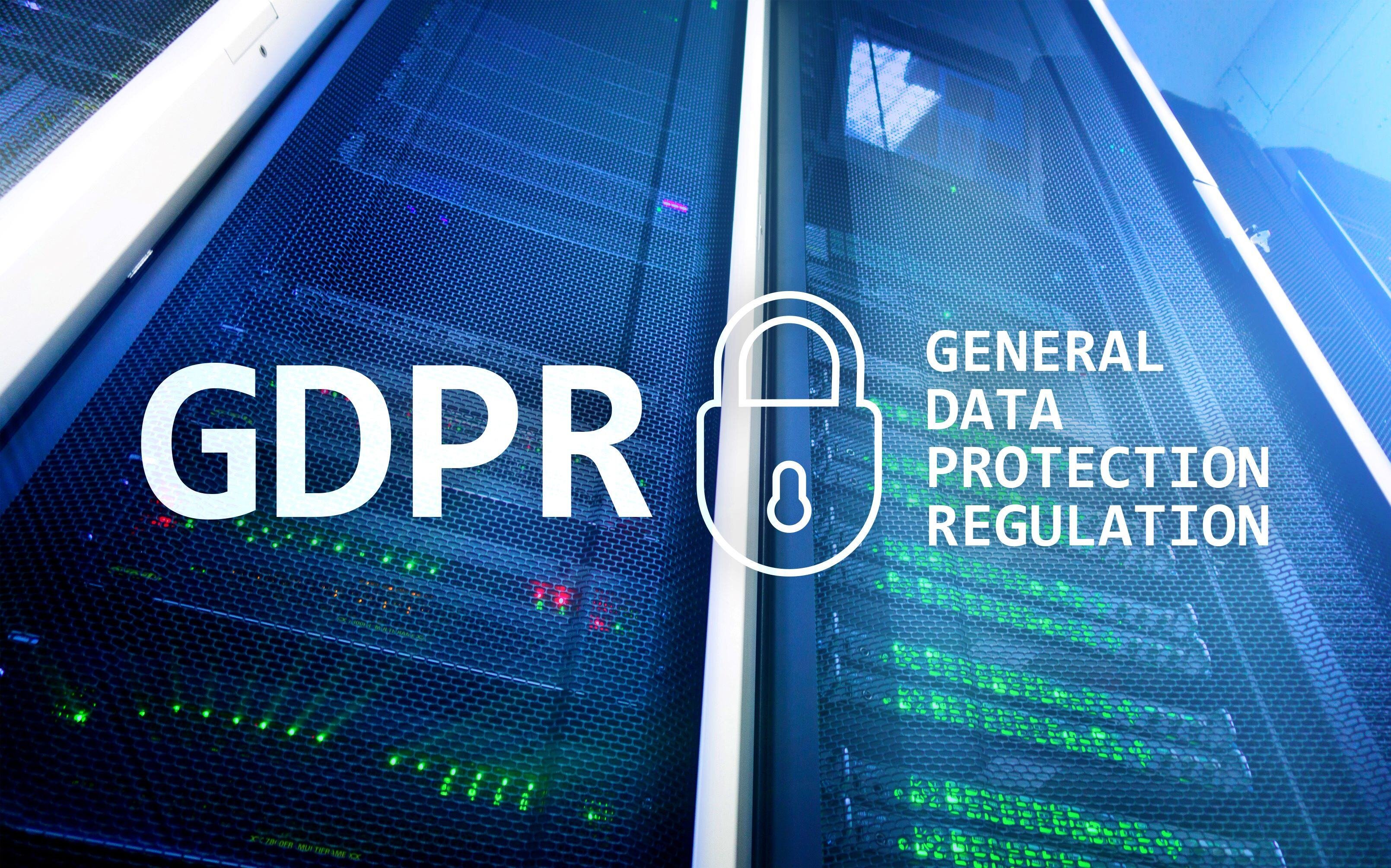 Image of a server room with blue-lit data servers, overlaid with the text 'GDPR General Data Protection Regulation' and a padlock symbol, representing data security and privacy.