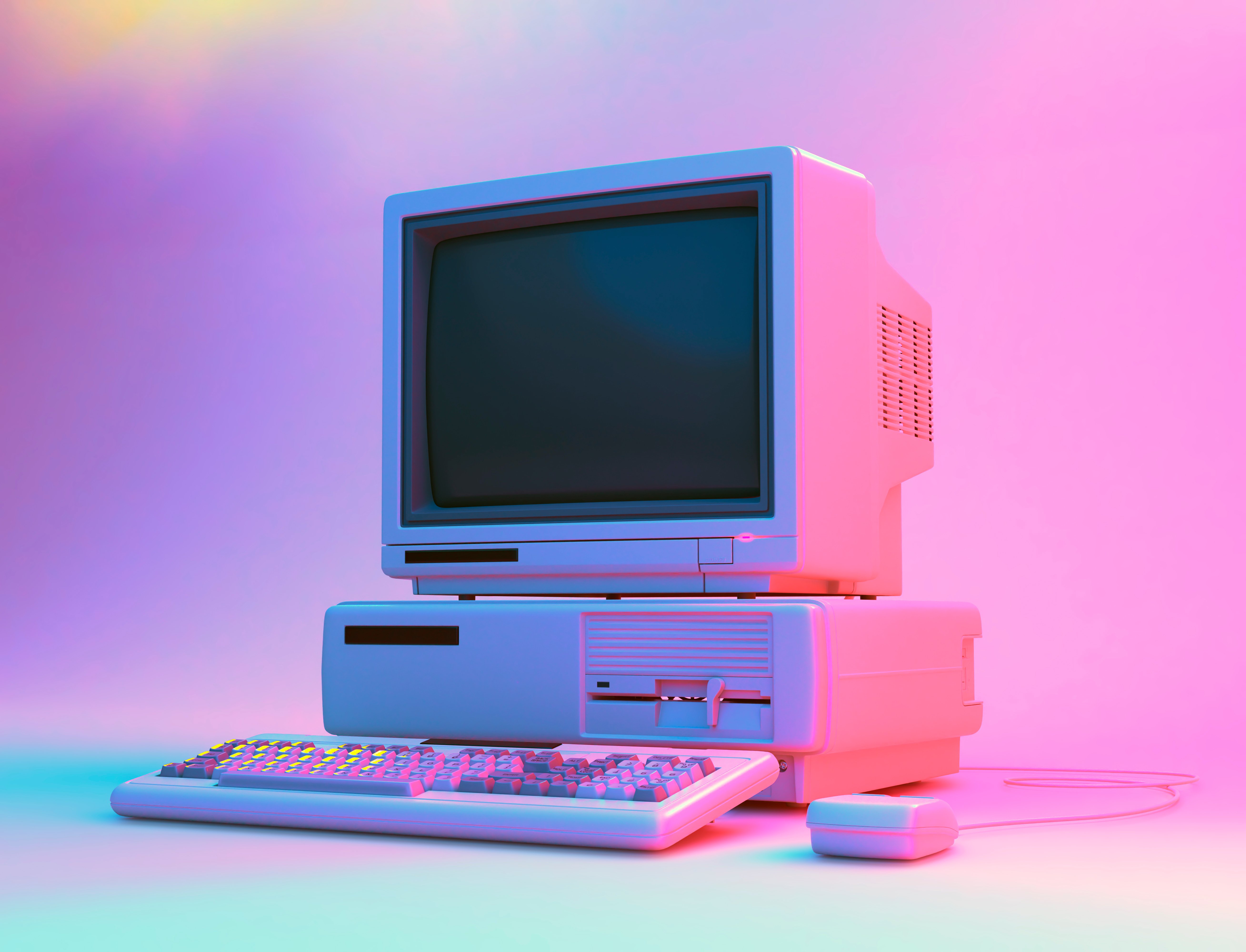 Old computer in colourful light