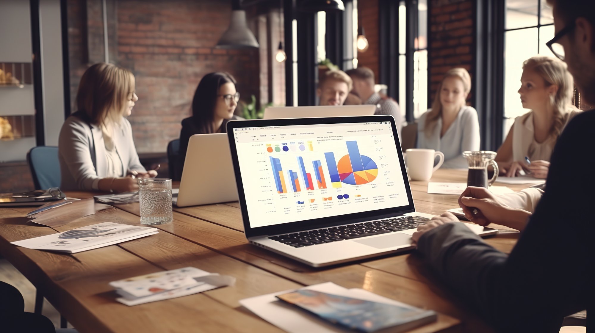 Analysts in the workplace are studying financial data for marketing strategy at the workspace, and there is a stack of BI dashboard paper format with graphs and charts