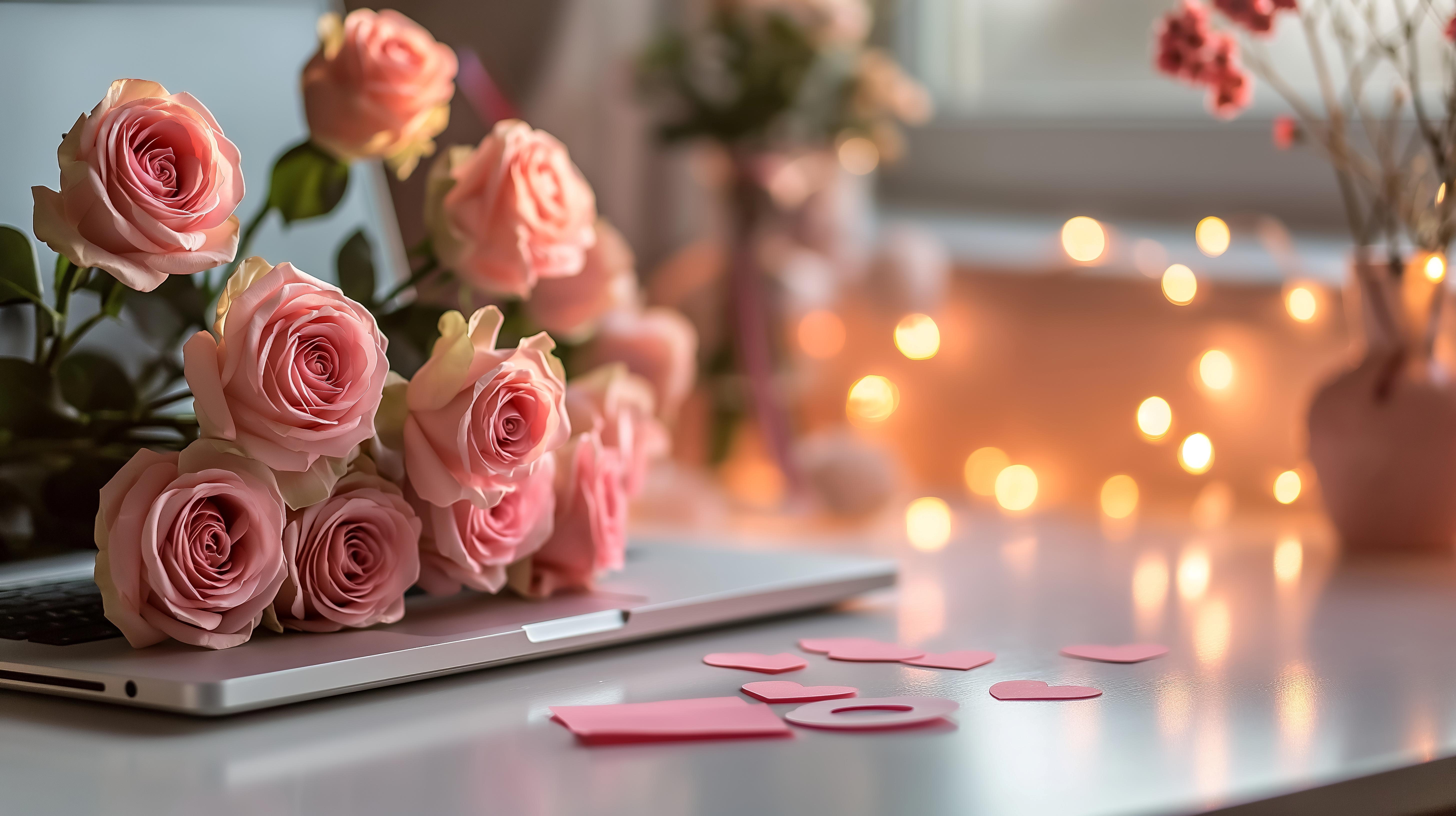 Red roses on a laptop on a desk