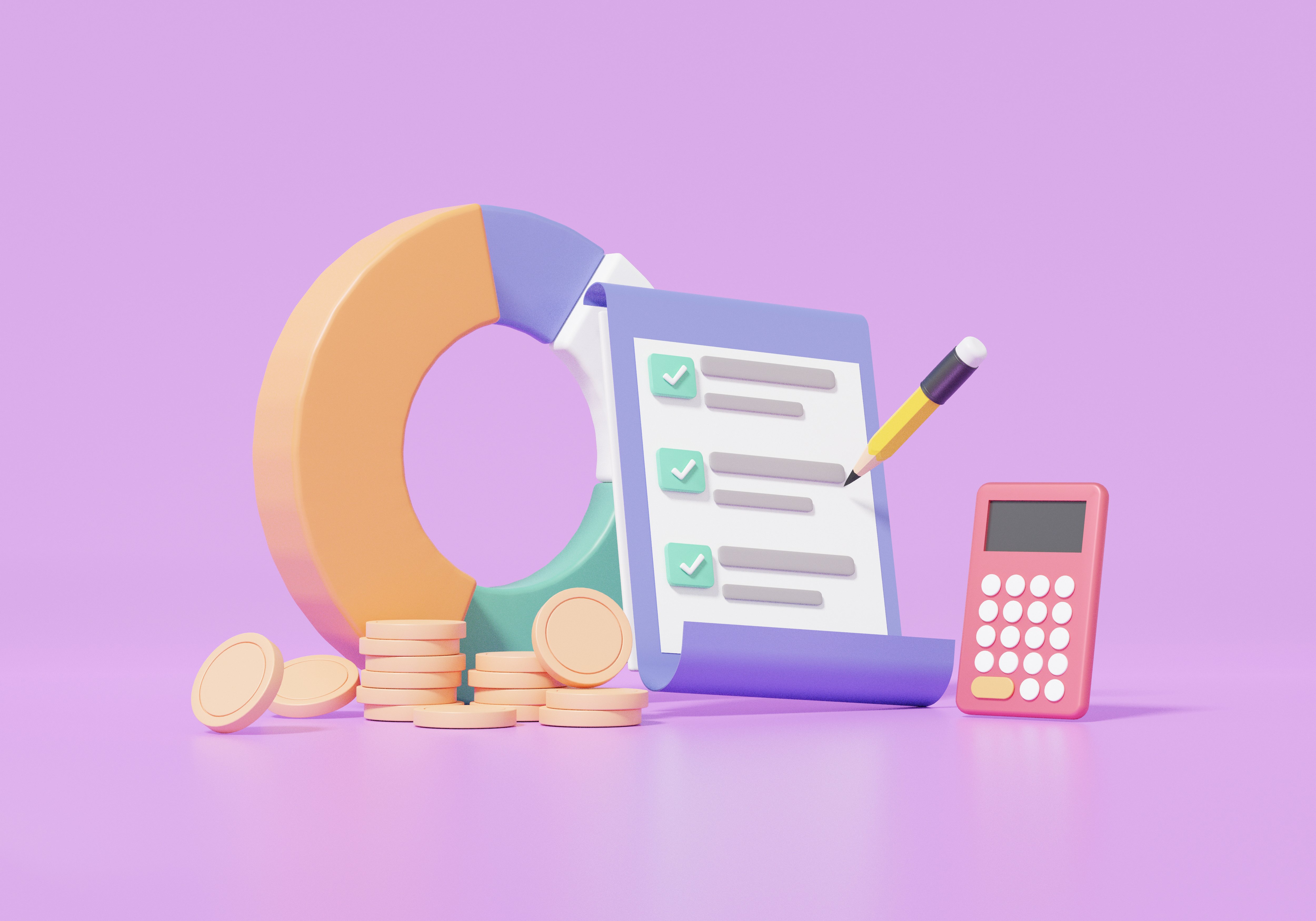 pastel coloured items related to budgeting (calculator, notes, coins)