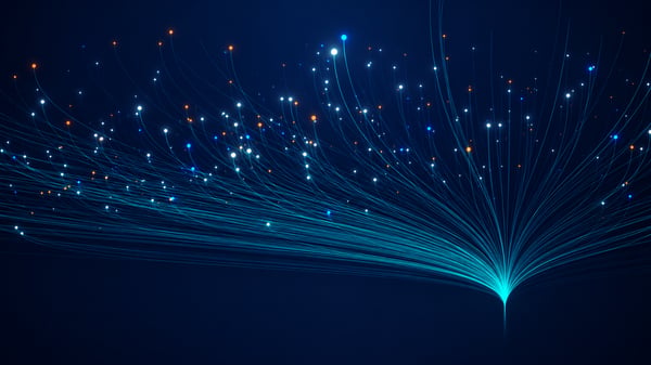 Glowing fiber-optic inspired data flow bursting outward, representing high-speed communication, big data transfer, AI networks, and advanced digital connectivity.