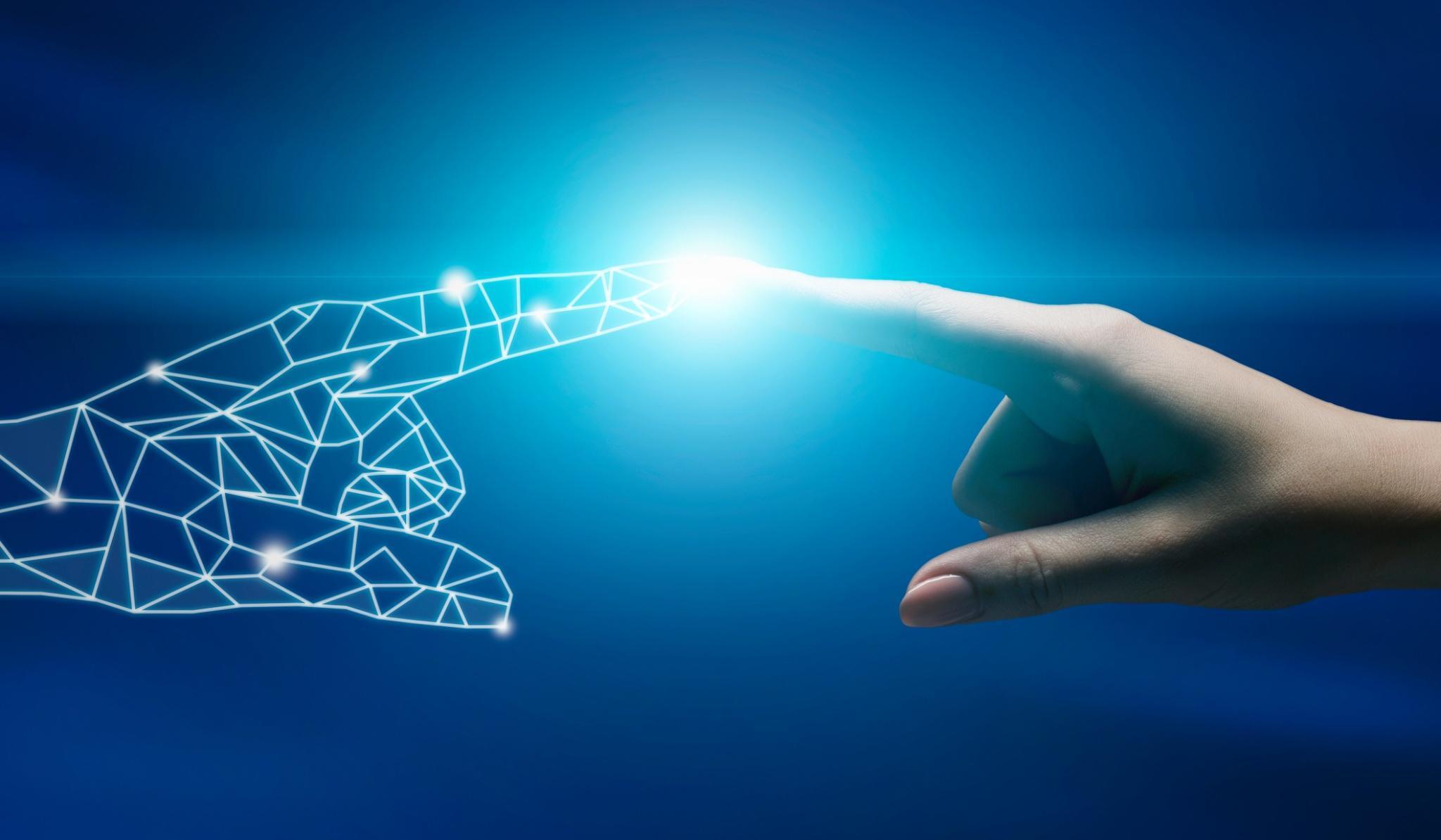 A outstretched finger touching a digital image of a finger, glowing in the middle with a blue background representing humans and AI