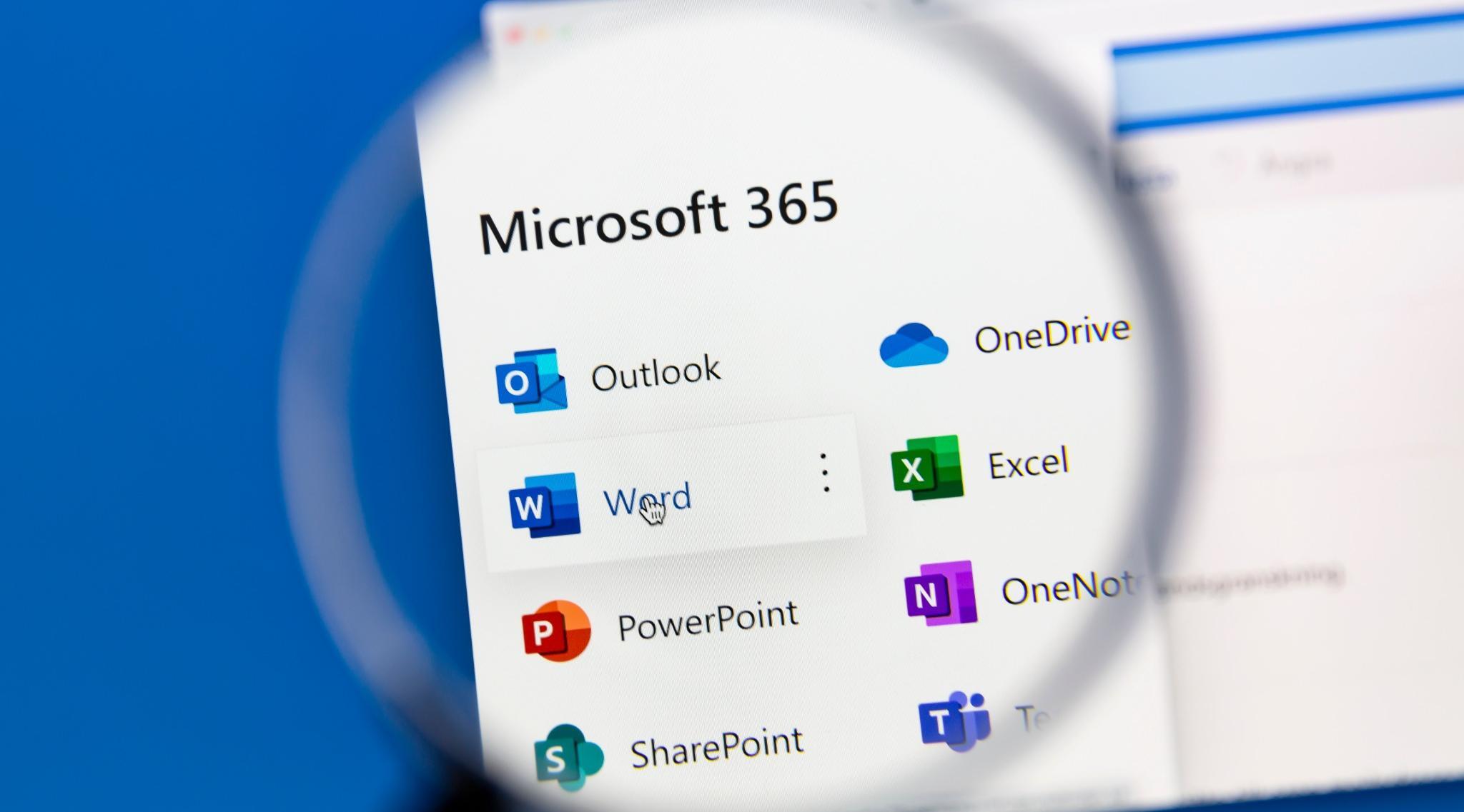 Mircosoft 365 on a computer screen with a magnifying glass over it